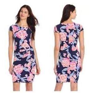 Lilly Pulitzer Kyra Midi Dress Navy Floral Cap Sleeve Ruched Size Small